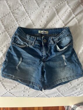 Women's Distressed Mid-Rise Denim Shorts in Blue